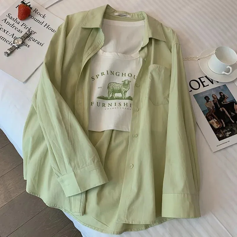 Summer Thin Green Shirt Women Fashion Korean Loose Lapel Button Top Female Solid Basic Long Sleeve All Match Shirt New