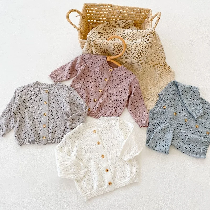 INS Spring Summer Baby Cardigan 0-3Years Newborn Kids Boy Girl Solid Color Long Sleeve Hollow Out Knitwear Thin Sweater Clothes