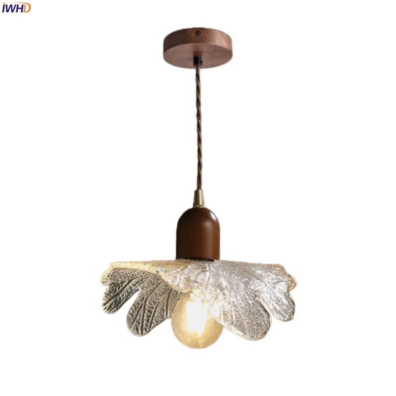 

IWHD Vintage Wabi Sabi LED Hanging Lamps Bedroom Living Room Kitchen Cafe Leaf Clear Glass Pendant Light Decoration Luminaria
