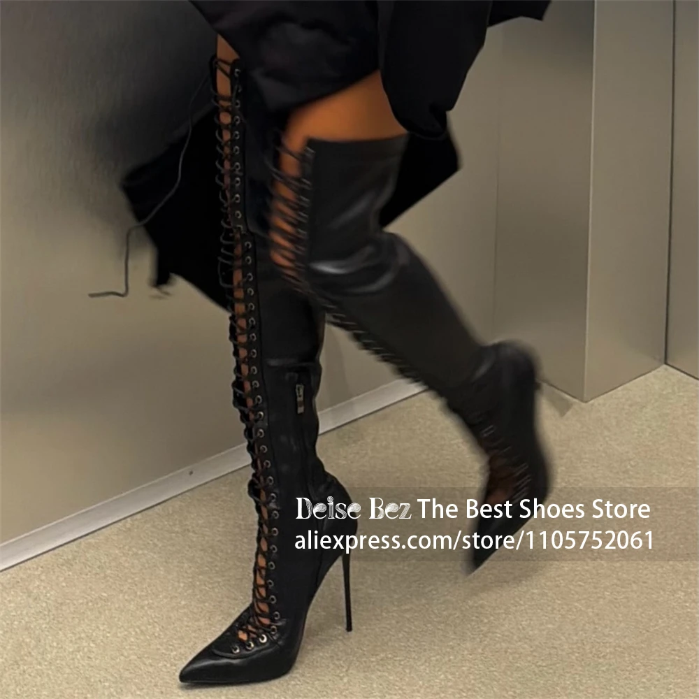 Crisscross Lace Up Cutout Design Over the Knee Boots Women Black Lace Up Thigh High Stiletto Boots Side Zipper Customized Color