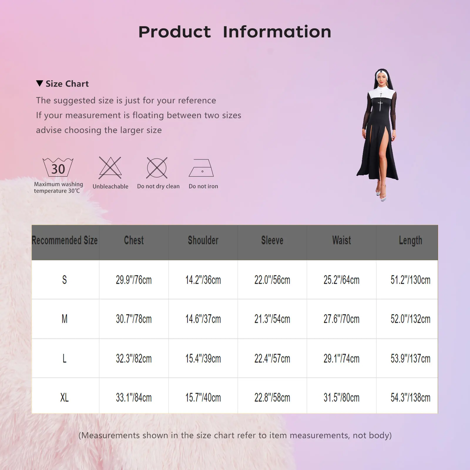 Womens Nun Cosplay Dress with Veil Cross Print Mesh Long Sleeve Slit Hem Dresses with Attached Veil Carnival Fancy Dress Ups view 6