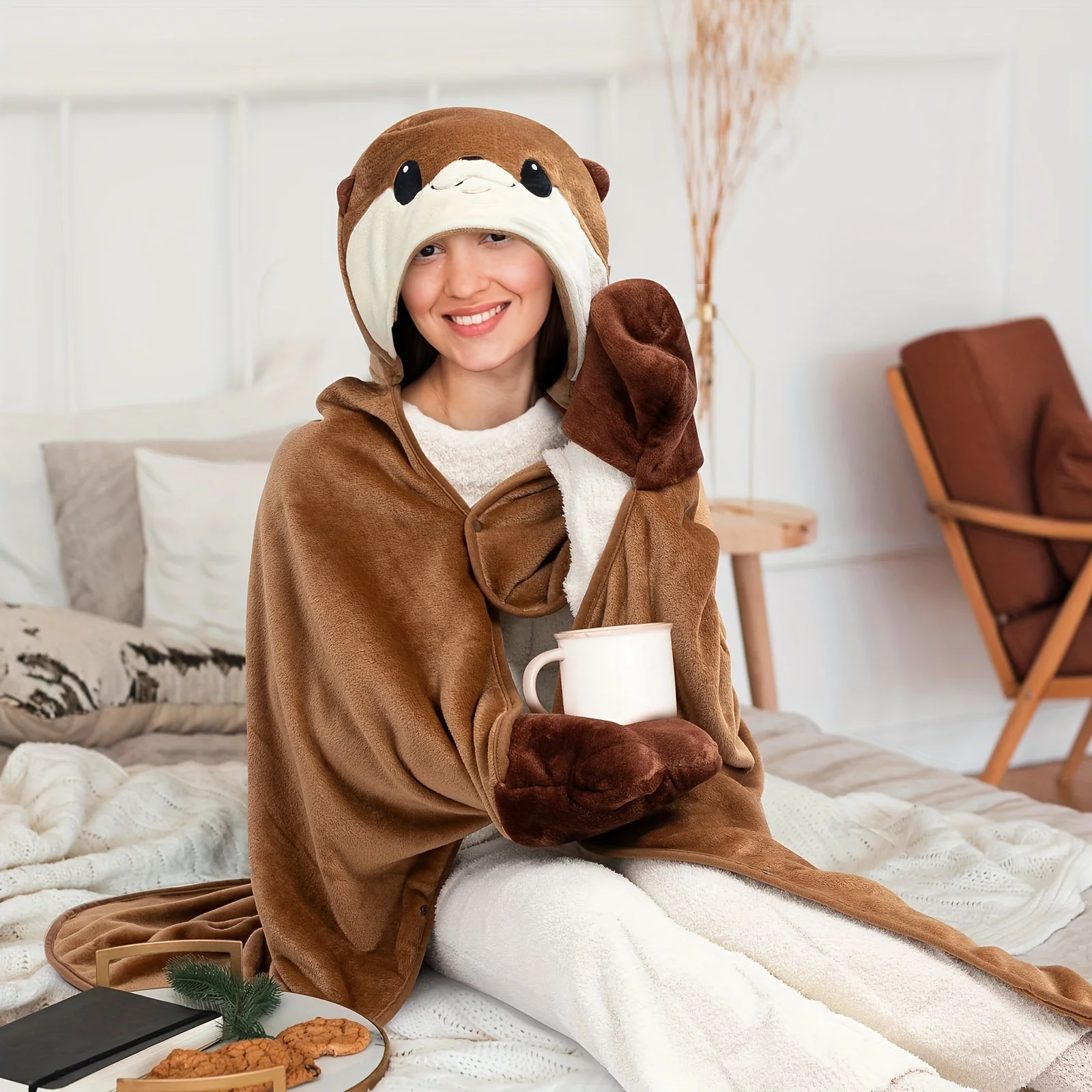 Adult Wearable Oversized Otter Cape, Warm Comfortable Flannel Cute Hooded Sweatshirt, Fun Blanket For Women And Men, Halloween