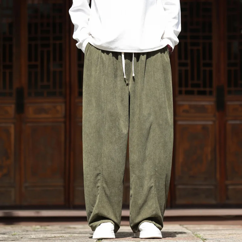 Fashionable Drawstring Wide Leg Pants Men Vintage Solid Color Corduroy Long Trousers Loose Fit Bottom Fall Casual Style For Mens