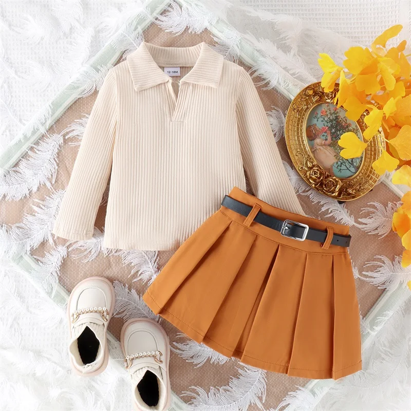 

1-5years Girls Long Sleeve T-shirt and Pleated A-line Skirt Set with Belt Perfect Fall Outfit for Kids Girls