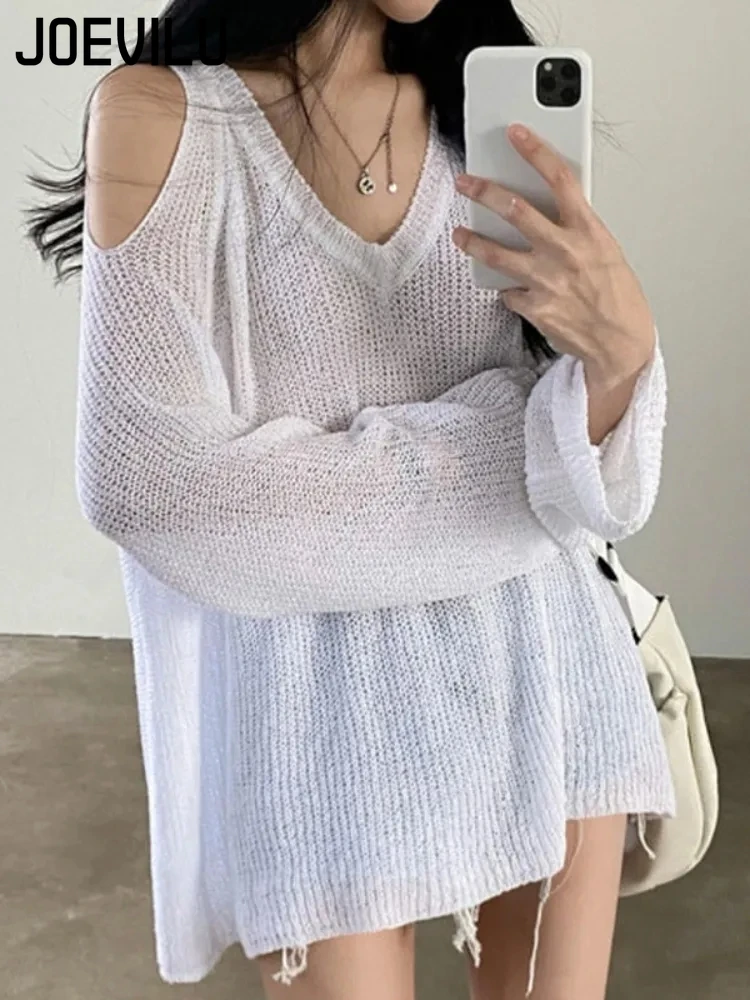 JOEVILU Knitted Sweater V-neck Off Shoulder Pullover Jumper Casual Sunscreen Cover Up Korean Fashion Streetwear Hollow Blouses