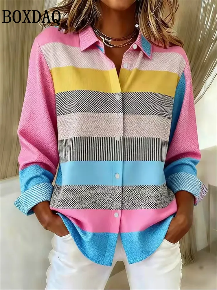 2026 New Spring Blouse Women's Fashion Rainbow Striped Long-Sleeved Shirts Summer Casual Everyday Wear Lapel Button Ladies Tops