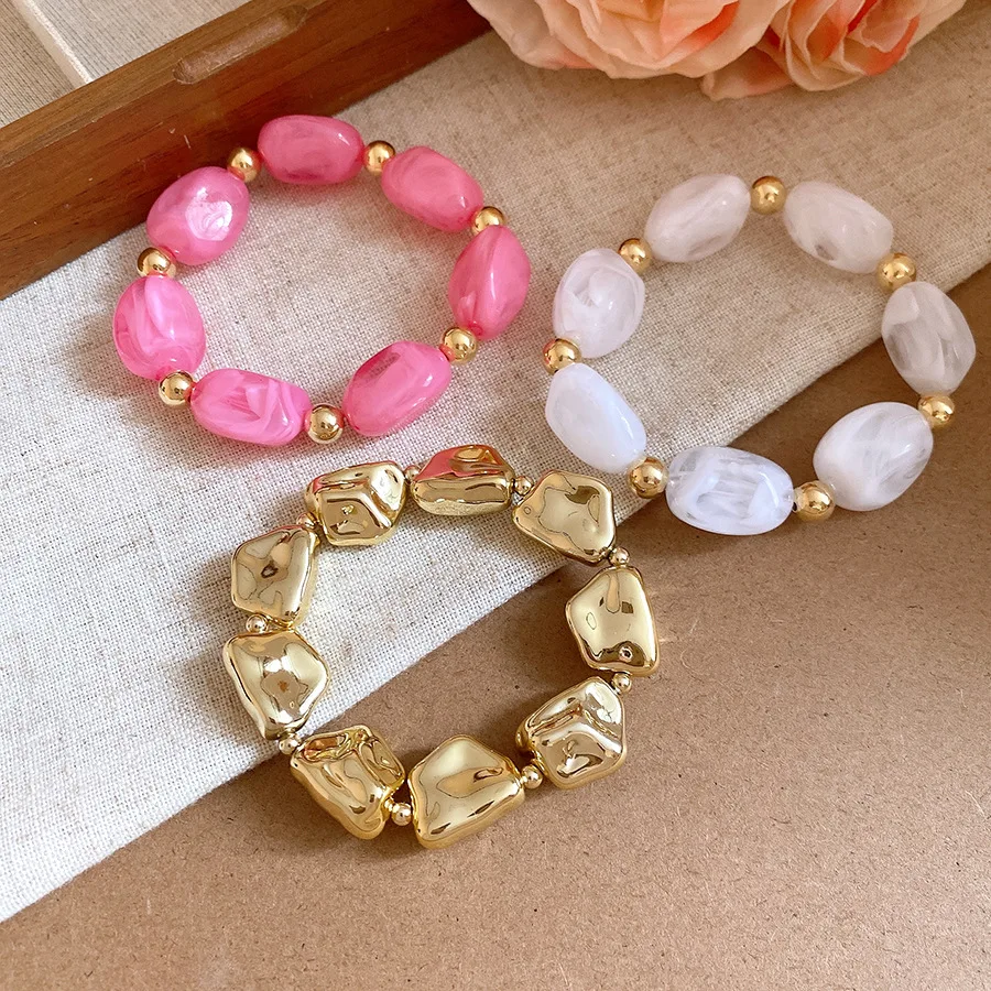 3PCS Stackable Beaded Bracelet Set Irregular Resin Stone & Gold‑Metal Bead Stretch Bangle Dopamine Trendy Women Daily Hand