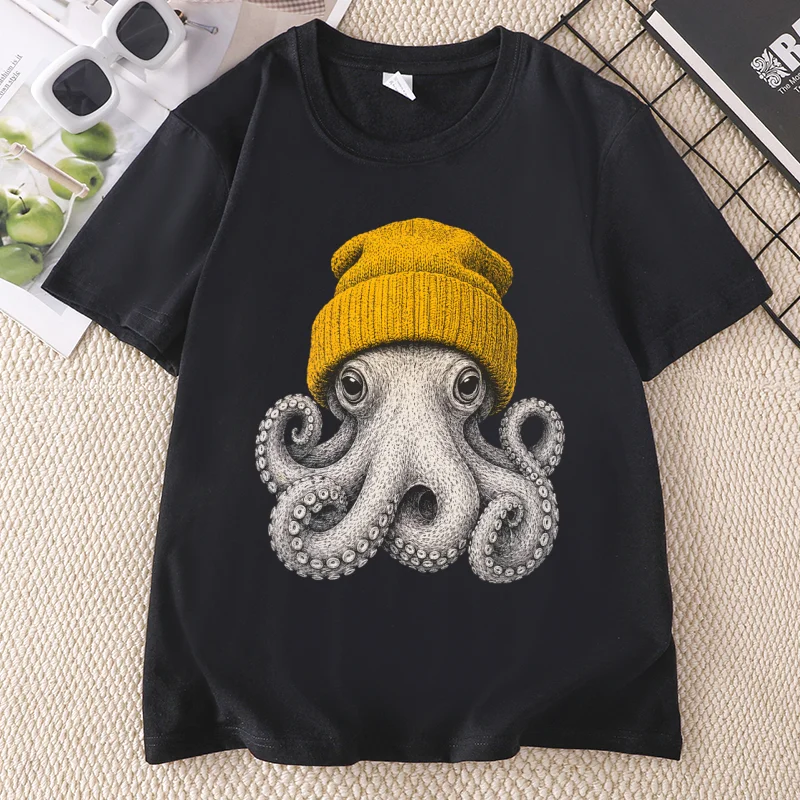 Cute Octopus Beanie T Shirt Ocean Animal T-Shirt Vintage Octopus Tees Casual Round Neck Printed Cotton Short Sleeve Tshirts