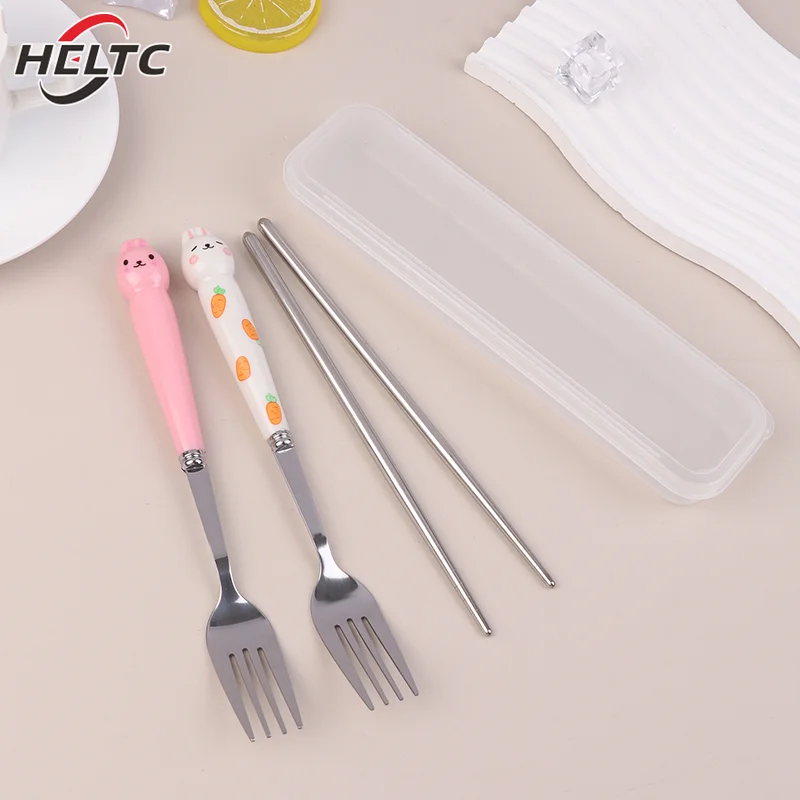 مجموعة أدوات المائدة الكرتون الأرنب الفولاذ المقاوم للصدأ ملعقة شوكة عود الطالب المحمولة أواني الطعام مجموعات أدوات المائدة السفر مع صندوق