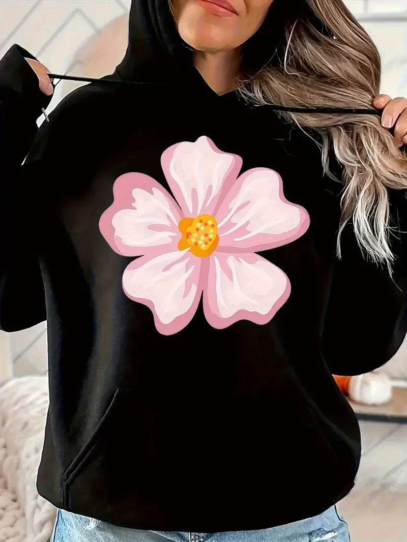 Women's Black Hoodie Pink Floral Print Loose Fit Long Sleeve Sweatshirt Front Pocket Machine Washable All-Season Casual Pullover