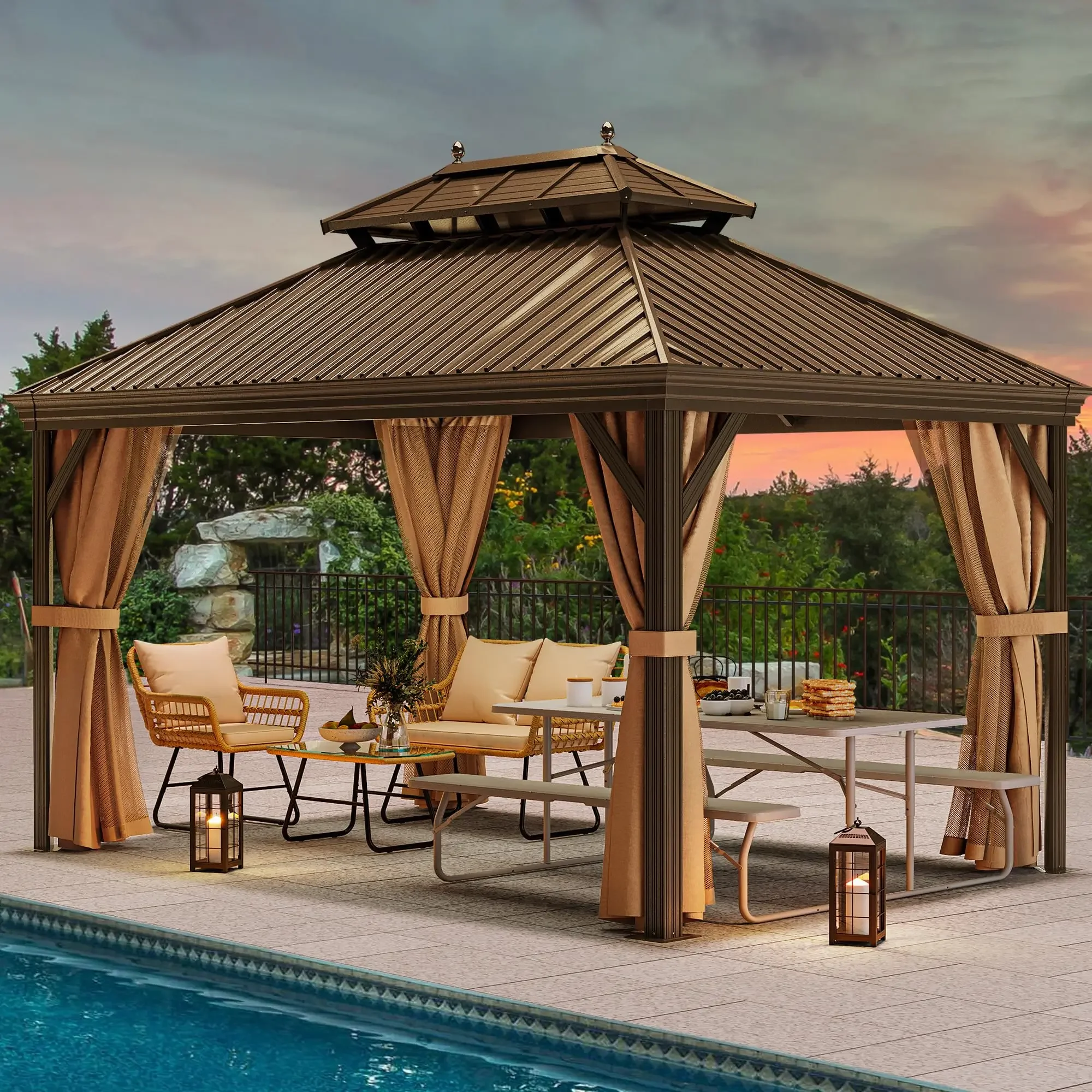 Hot Selling Customized Easily Assembled Waterproof Double Roof Aluminum Frame Outdoor Hardtop Gazebo with Mesh Curtains