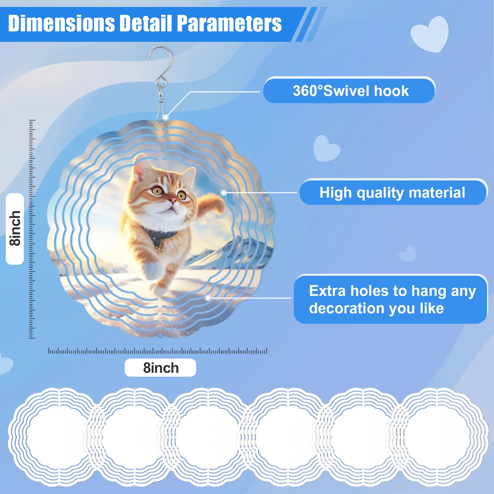 สปินเนอร์เป่าลมซับลิเมชันขนาด8นิ้ว6แพ็ก3D กังหันลมแขวนได้สำหรับตกแต่งสวนกลางแจ้งในร่ม