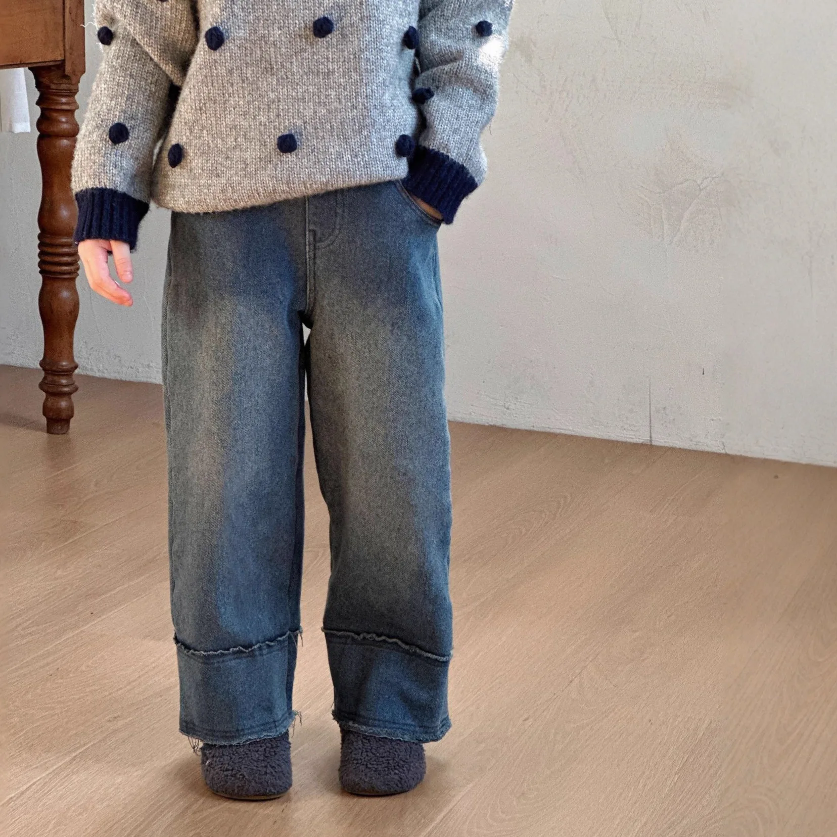 Girls 2025 Autumn Winter New Fleece Thickened Casual Soft Denim Pants Frayed Edges Thickened Winter Pant