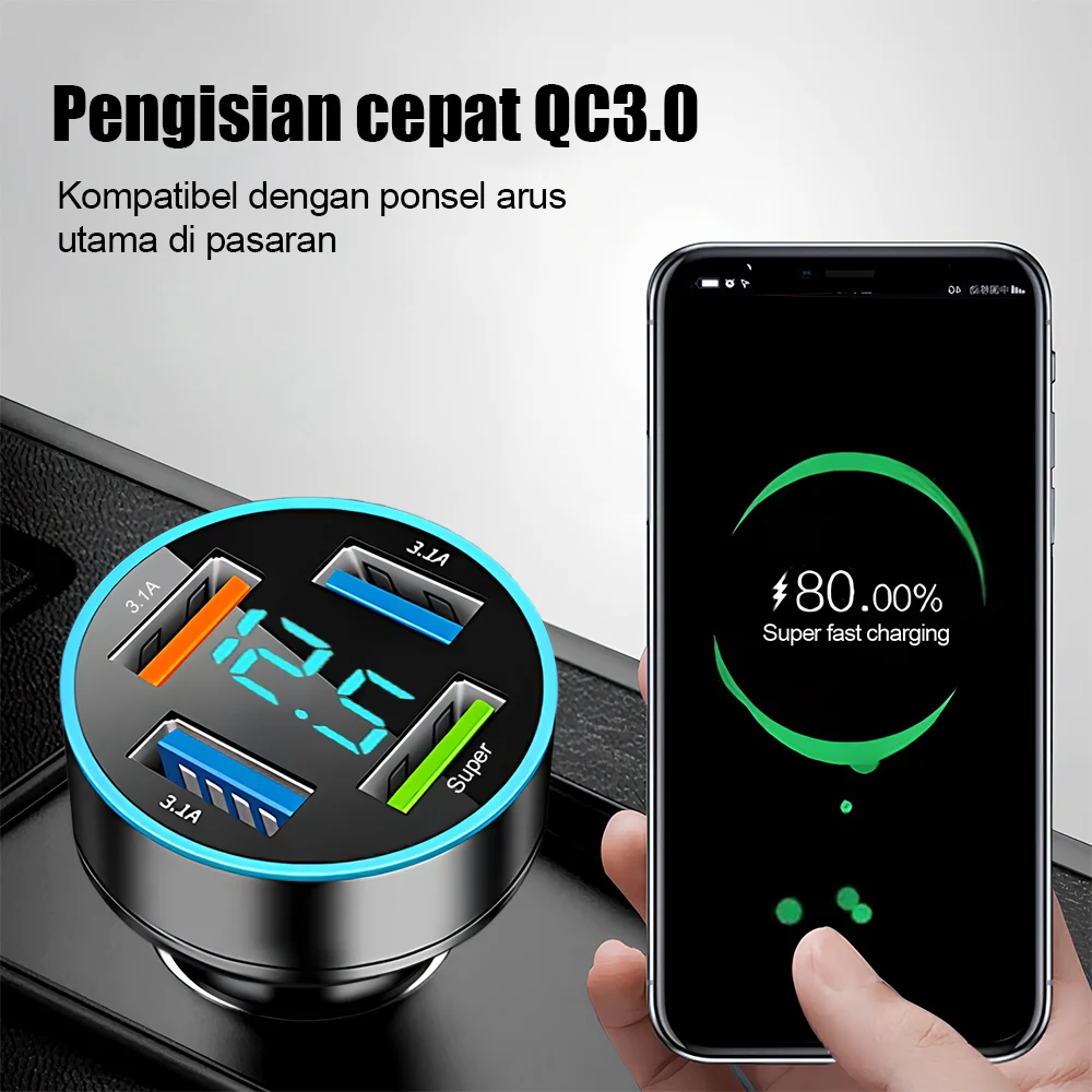 66W 4 Ports Car Charger Fast Charging PD QC3.0 USB C Car Cigarette Lighter Adapter With Voltage For iPhone Samsung Xiaomi OPPO