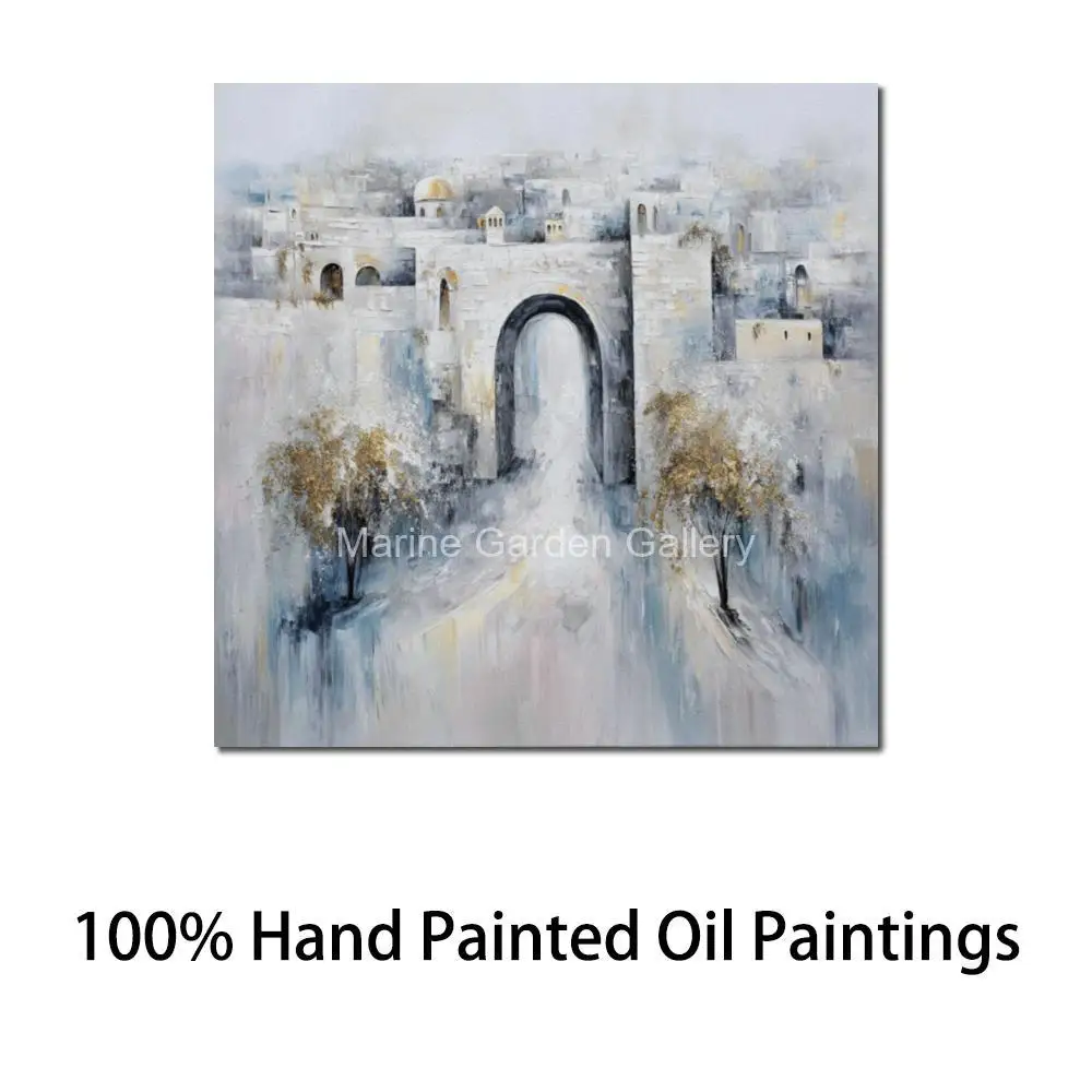 

Original Old City Jerusalem Canvas Art Hand-Painted Judaic Oil Painting Textured Landscape Art for Jewish Kitchen Home Decor