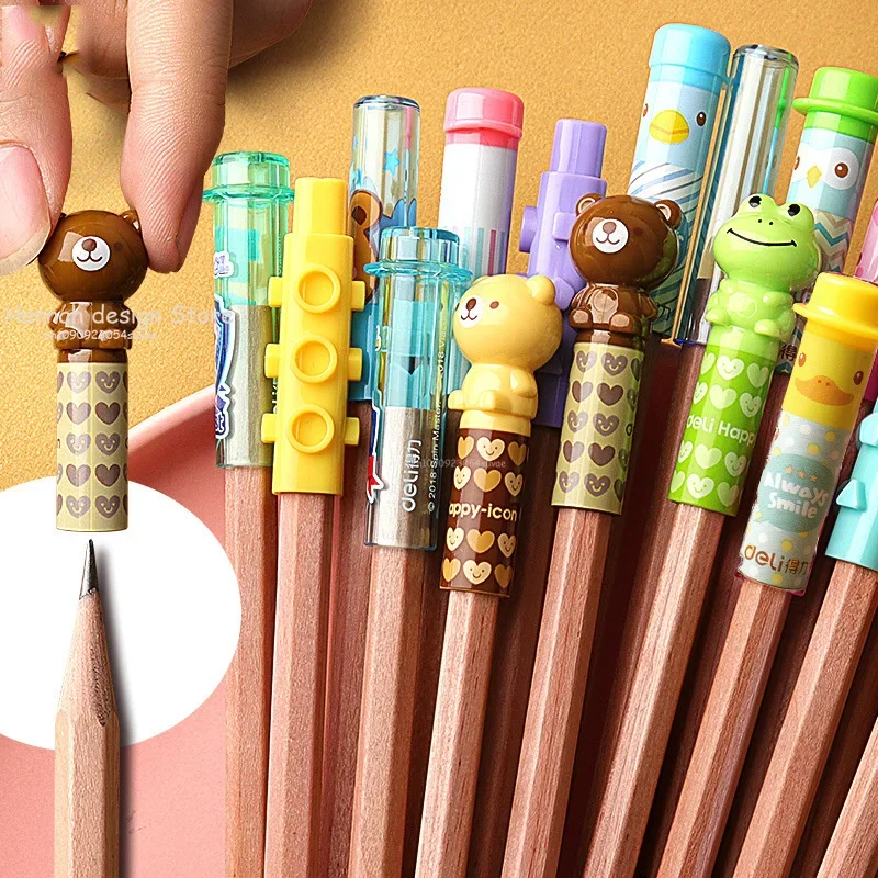 

4Pcs Cute Cartoon Pencil Protective Cover Plastic Bear Frog Pen Lid Kawaii Pencil Extender Gifts For Kids Students Stationery