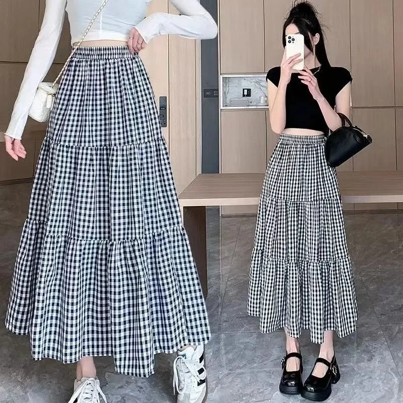 

Summer New Sle Patchwork Cake Skirt Loose Elastic Slimming Retro High Waist Midi Plaid Skirt Korean Sle Princ A-Line S...