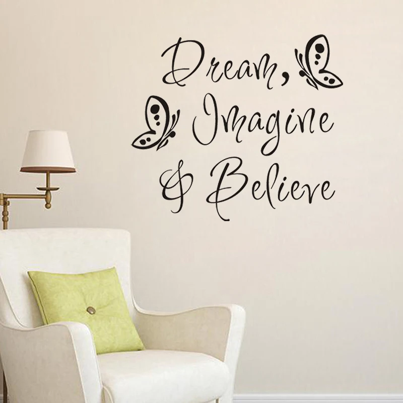 Dream Imagine Believe Wall Decal, Butterfly Inspirational Quote Sticker for Girls Bedroom, Self-Adhesive Vinyl Home Decor Art