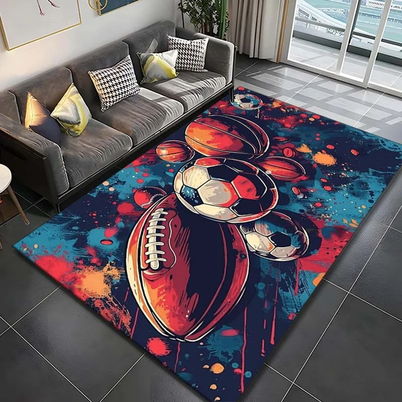 Graffiti Multisport Ball Print Large Area Rug Soft Flannel Non Slip Floor Carpet for Living Room Sports Room Boys Bedroom Home