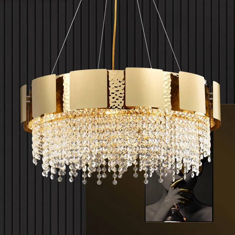 Modern Golden Stainless steel Used in Living room Dining Lamp villa Duplex Building Simple Atmospheric Gloss Hanging Chandelier