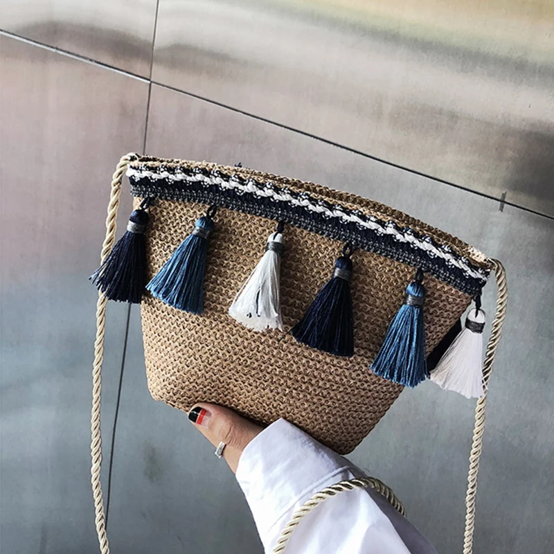 Rattan Tassel Coin Purse para Mulheres, Diagonal Crossbody Bag