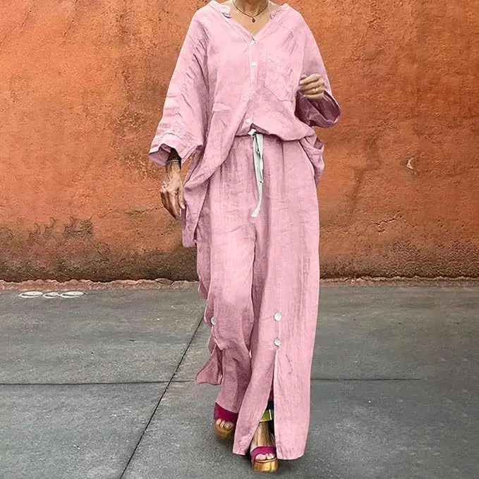 

Loose Casual Cotton Linen 2 Piece Set Fashion V-neck Long Sleeve Pocket Button Shirt Elastic Waist Lace Up Split Trousers Suit