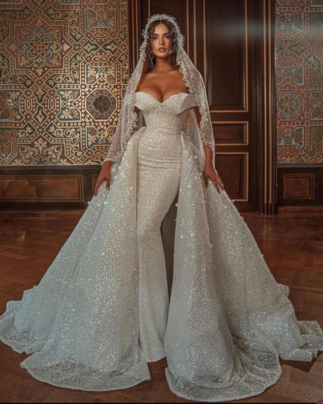 Robe de Mariée Sirène à Paillettes, Vêtement avec Poignées et Traîne Amovible