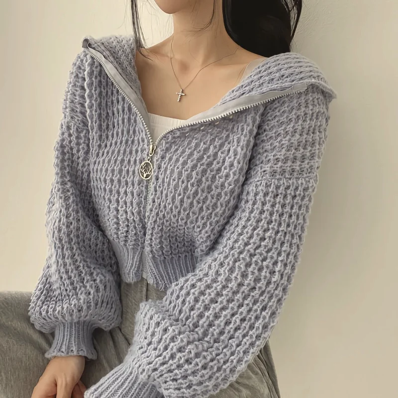 Coreano chique outono inverno estilo preguiçoso com capuz curto camisola jaqueta design feminino grosso agulha lapela solta malha