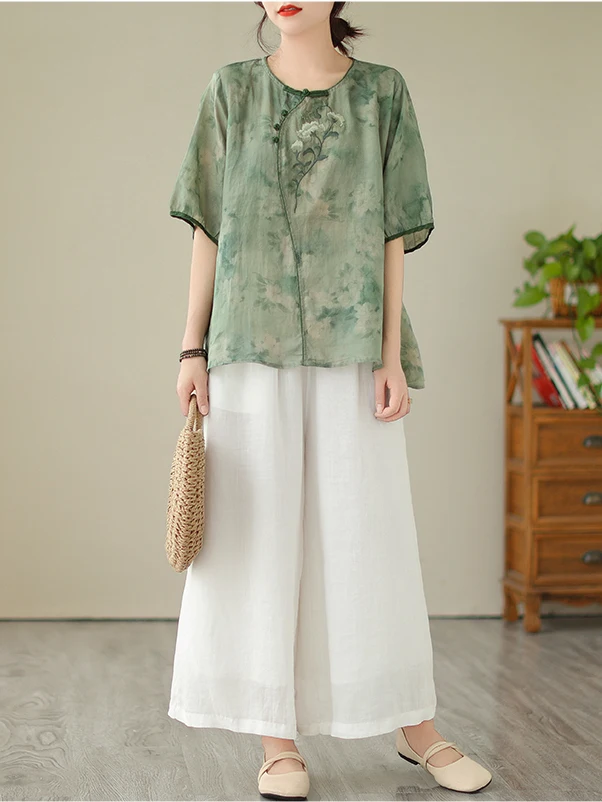 

Elegant Chinese Style Women's Two-Piece Set Breathable Lightweight Summer Fashion Mommy Clothes round Neck Short Sleeve Shirt