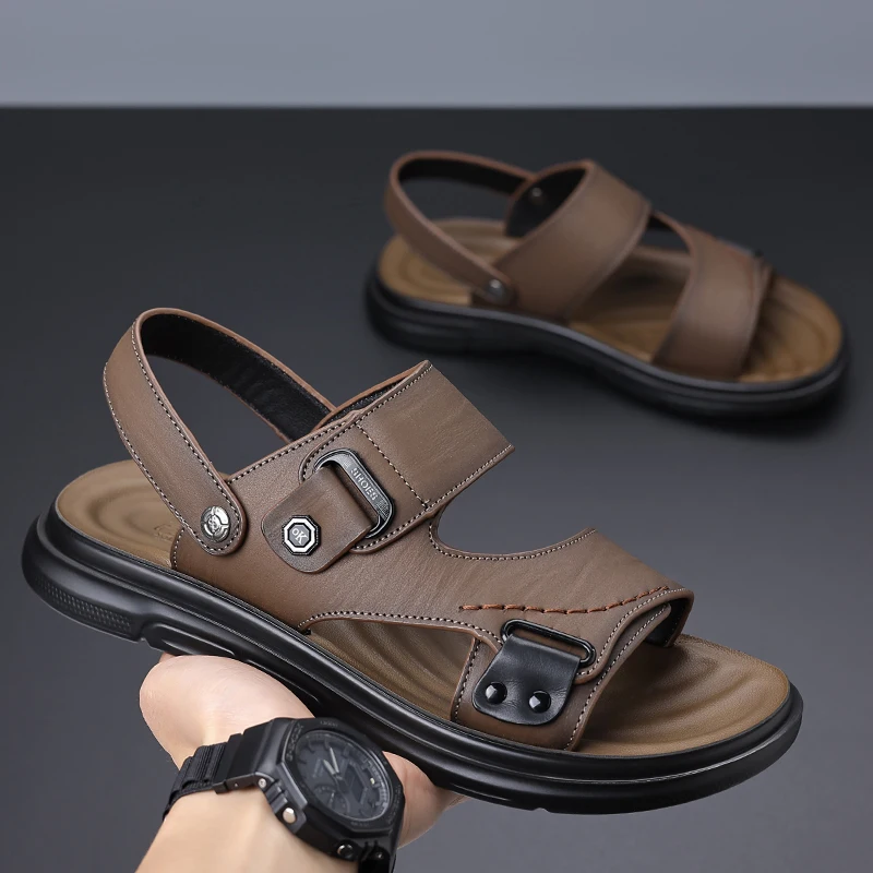 Men's Adjustable Strap Sandals with Dual Buckle Closure for Casual Summer Wear, Lightweight Comfortable Design with Stitched Det