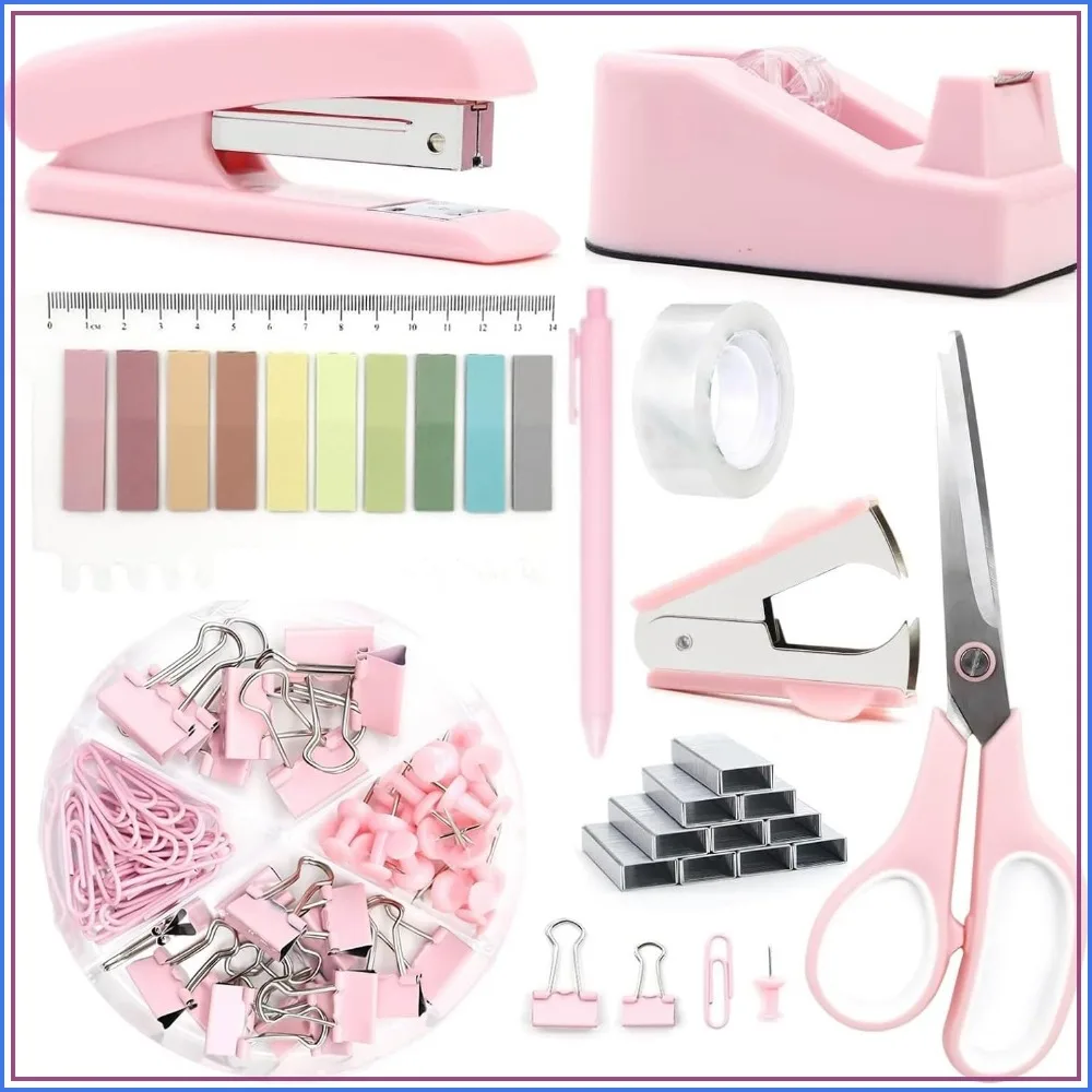 Pink Desk Accessories Set: Stapler, Tape Dispenser & More for Women, Students, Teachers