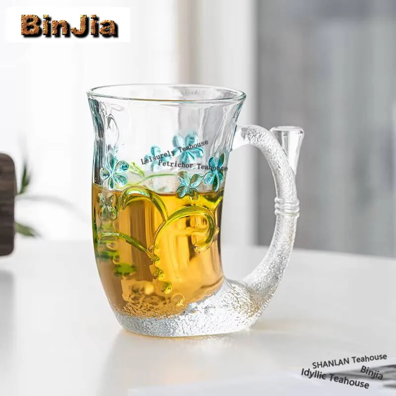 200ml Creative Mermaid Pattern Glass Relief Flower Transparent Red Wine Glass With Handle Cute Juice Shot Glass Milk Coffee Cup