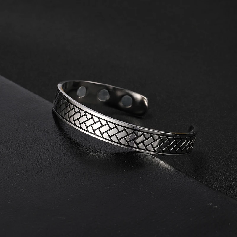 Stainless Steel Magnetic Therapy Energy Cuff Bangle Engraving Geometric Pattern Health Care Amulet Bracelets for Women Men