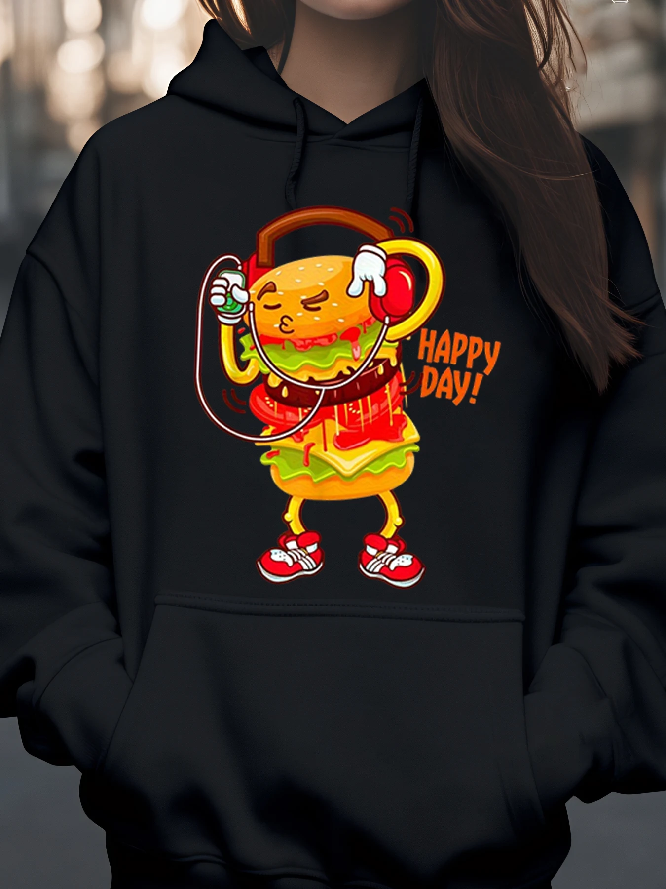 Bluza z kapturem z nadrukiem hamburgera z słuchawkami Happy Day, odzież codzienna dla kobiet i mężczyzn