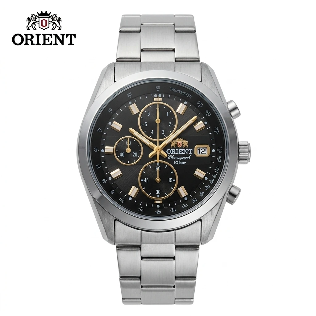 Orient Men's Sports Quartz Chronograph Watch, Tachymeter Scale Date Display 100M Waterproof Stainless Steel Bracelet Wristwatch