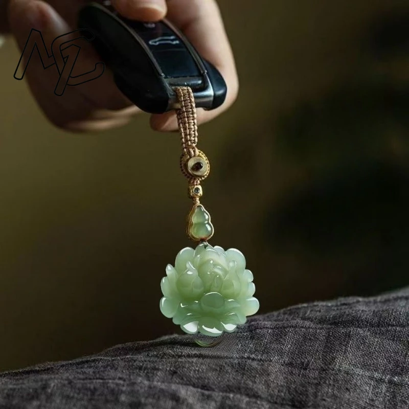 Natural Hotan Jade Flower Pendant Necklace Keychain Real Jewelry Talismans Amulet Rose Gold Plated Gifts for Women Vintage Stone