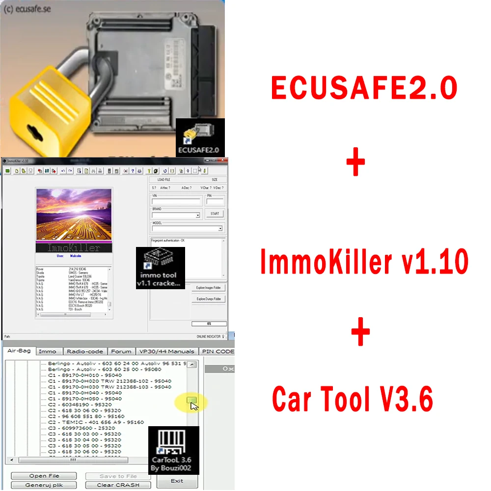 ECUSafe 2.0 ECU ECM 2.0 + ImmoKiller v1.1 Software Immo Off Software v1.1 + CarTool Chip Tool Software 3.6