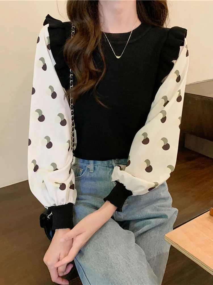 Jmprs Chiffon Patchwork Knitted Sweaters Women Fashion Long Sleeve Sweet Pullovers Korean O Neck Slim All Match Casual Jumpers