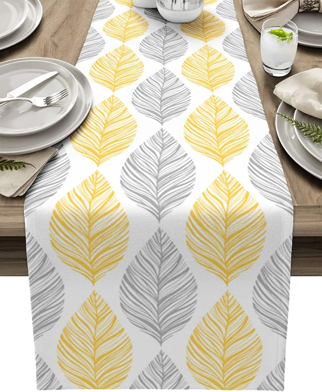 Yellow Grey Abstract Modern Leaves Linen Table Runner Dresser Scarf Decor Washable Kitchen Dining Table Runners Home Party Decor