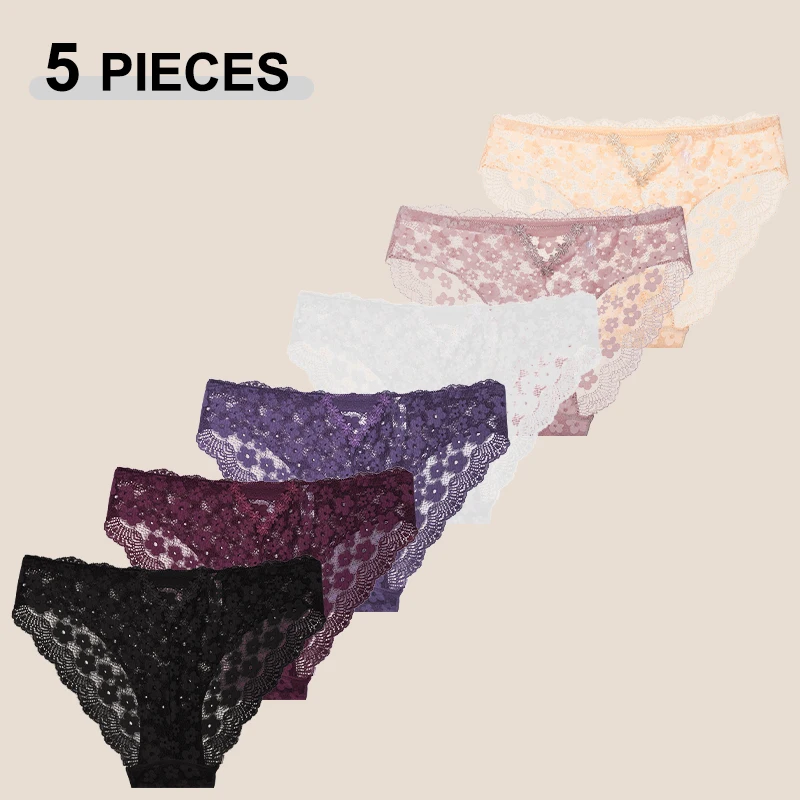 5PCS Sexy Low Taille Spitze Blumen Höschen Für Frauen Aushöhlen Perspektive Atmungsaktive Unterhose Weibliche Transparente Dessous 2025