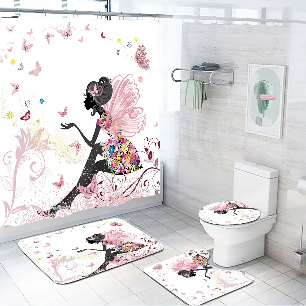 

Fantasy Shower Curtain Set Little Pixie Elf Girl Butterfly Wing Bathroom Curtains Rugs Toilet Lid Cover Bath Mat