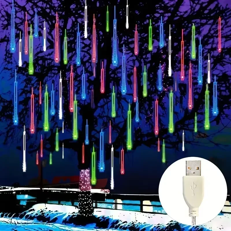 30cm Meteor Shower Rain Light Outdoor Tree Decor USB Powered Falling Raindrop Icicle Lights Magic Garden Party Festival Light