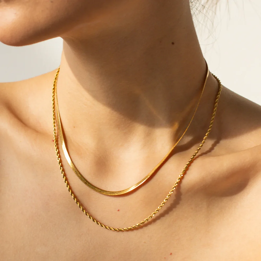 Quiet Luxury Clean Girl Layered Necklace Bracelet Set,Waterproof Non-Fading 18K Gold Stainless Steel,Minimalist Snake Chain Gift
