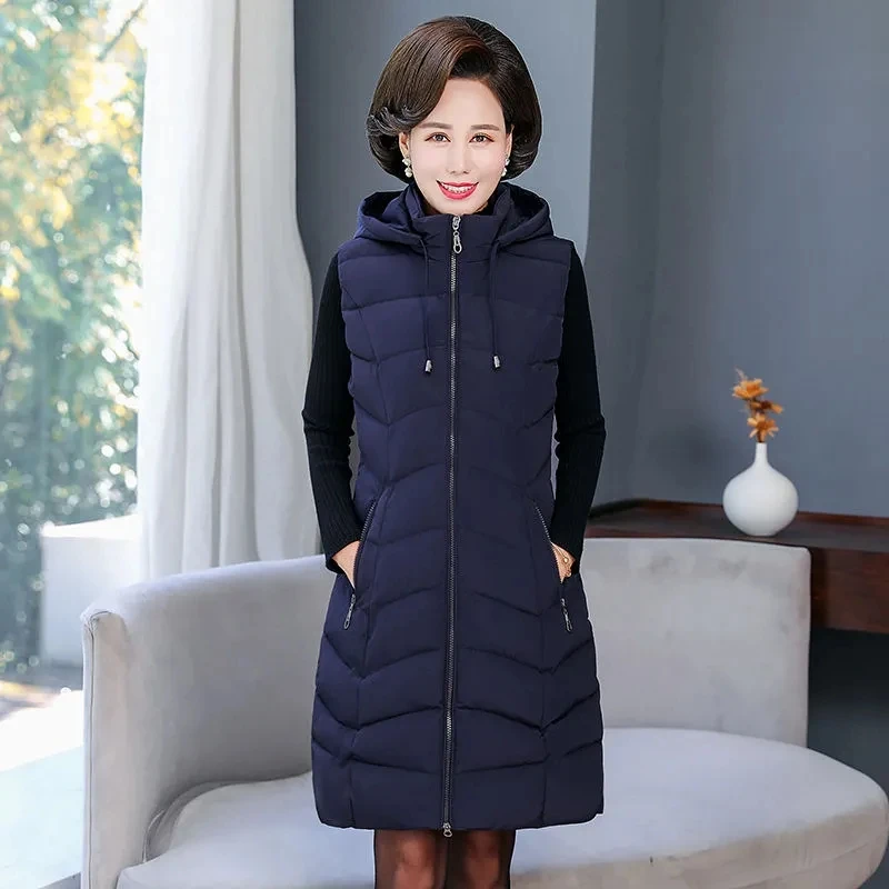 Oversized 6XL Mother Waistcoat Jacket Autumn Winte Women's Cotton Hooded Vest Coat Fashion Thicken Long Slim Sleeveless Outwear