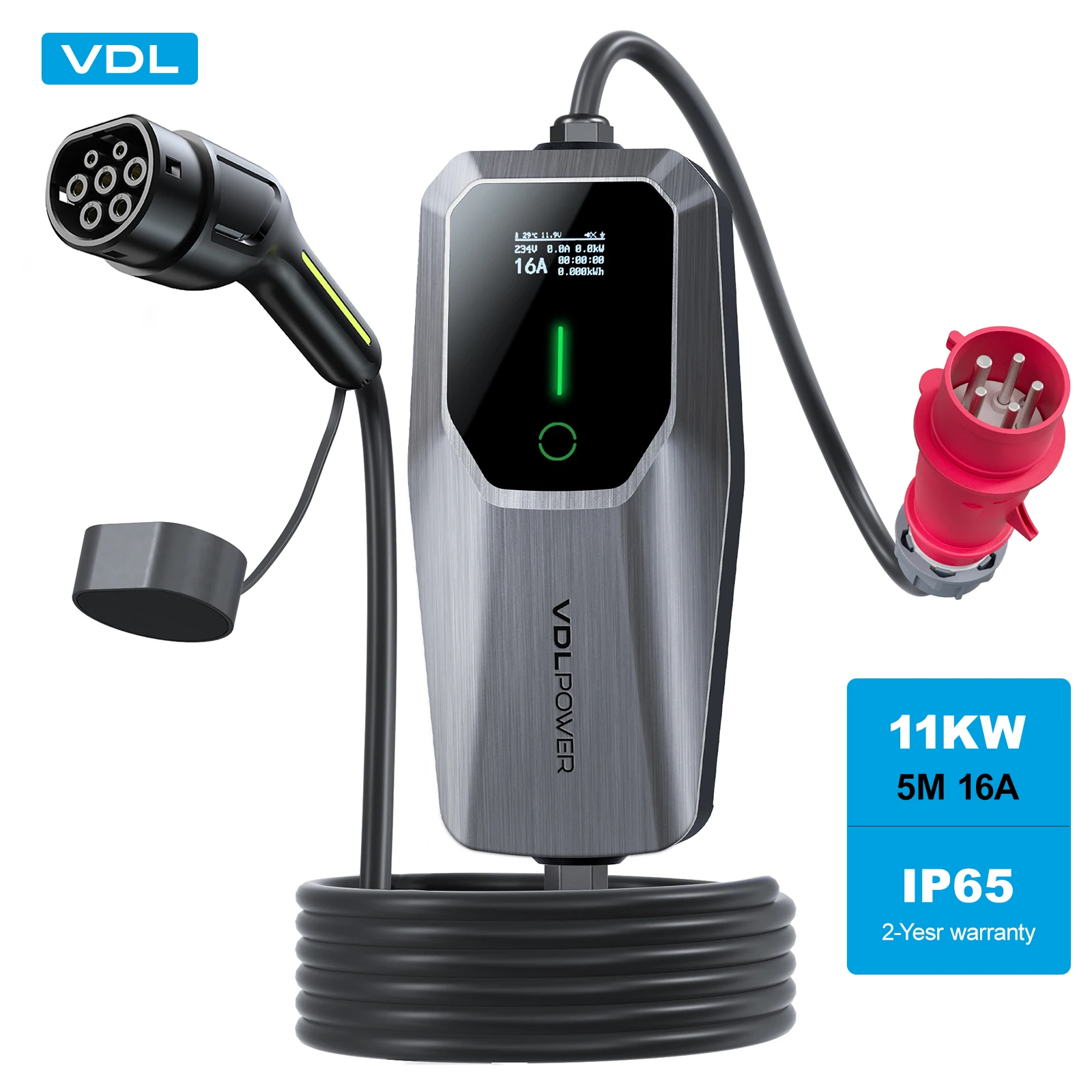 VDL Typ 2 Ladekabel, 11 kW, EV-Ladegerät Dreiphasig CEE 16A, 5m Mobile Wallbox-Ladestation, Einstellbarer Strom und Startzeit für alle Elektrofahrzeuge, EV, PHEV, IEC, 62196-2 Stecker