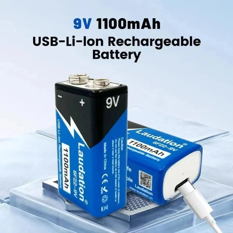 New  Rechargeable 9V Lithium Battery 1100mAh, Type-C Charging for Multimeters, Microphones, Toys, Remote Controls