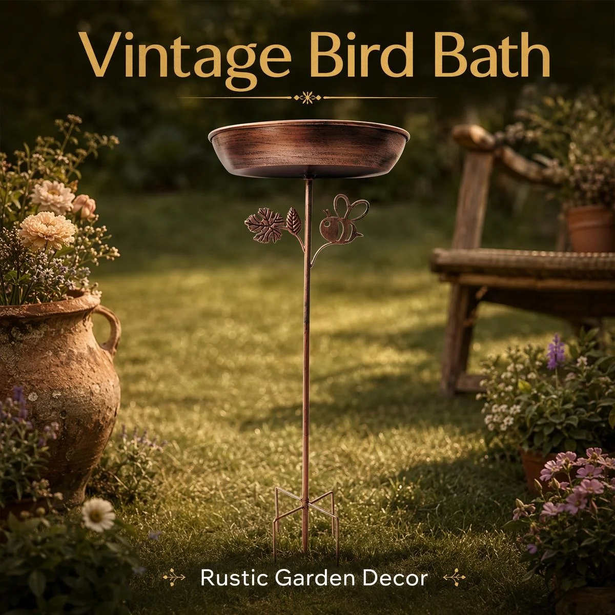 Retro Copper Iron Bird Bath with Bee & Leaf Decor, 76cm Tall Ground Stake Wild Bird Feeder for Outdoor Garden Yard Lawn