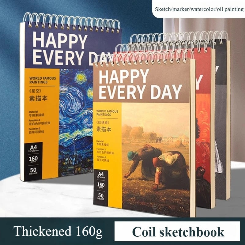 A4 Coil Sketchbook 50 Sheets/100 Pages Thickened 160gsm Paper for Student Artist Painting Graffiti Design Outdoor Sketch