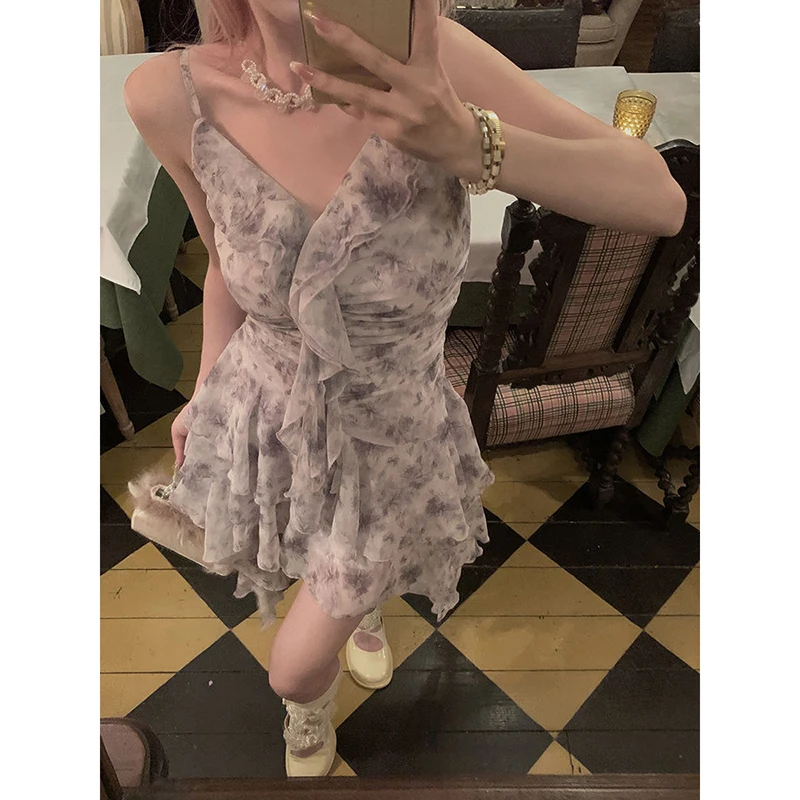 Dolce stampa floreale Mini abito da donna Y2K Vintage Party Ruffles Camis Dress Moda coreana Sexy cinturino per spaghetti Abiti estivi