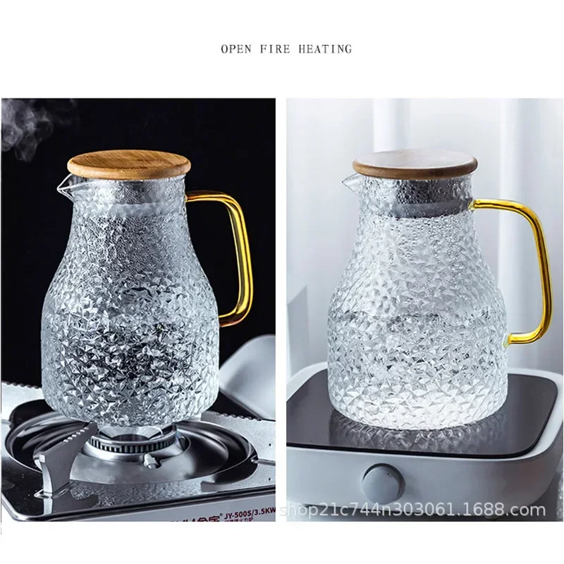 Transparent Glass Water Jug Hot/Cold Tea Pot Stainless Steel Flow Lid Carafe with Handle Heatproof Teapot Set 5